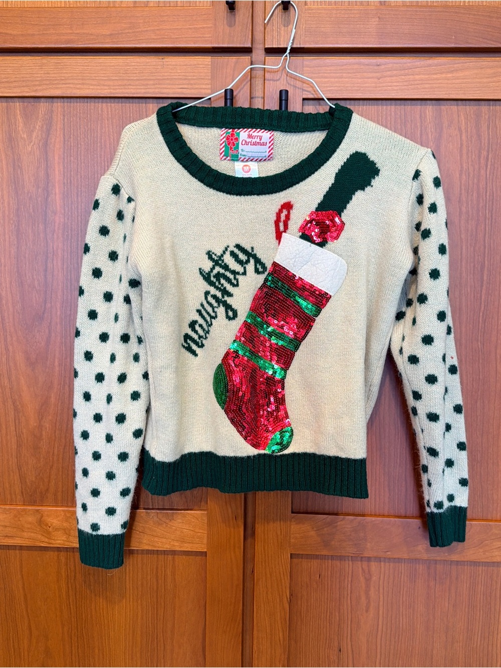Merry Christmas Cream & Green 'Naughty' Sequin Stocking “Ugly Sweater”